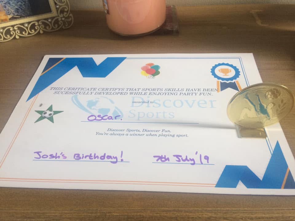 Personalised Discover Sports party certificate with medal