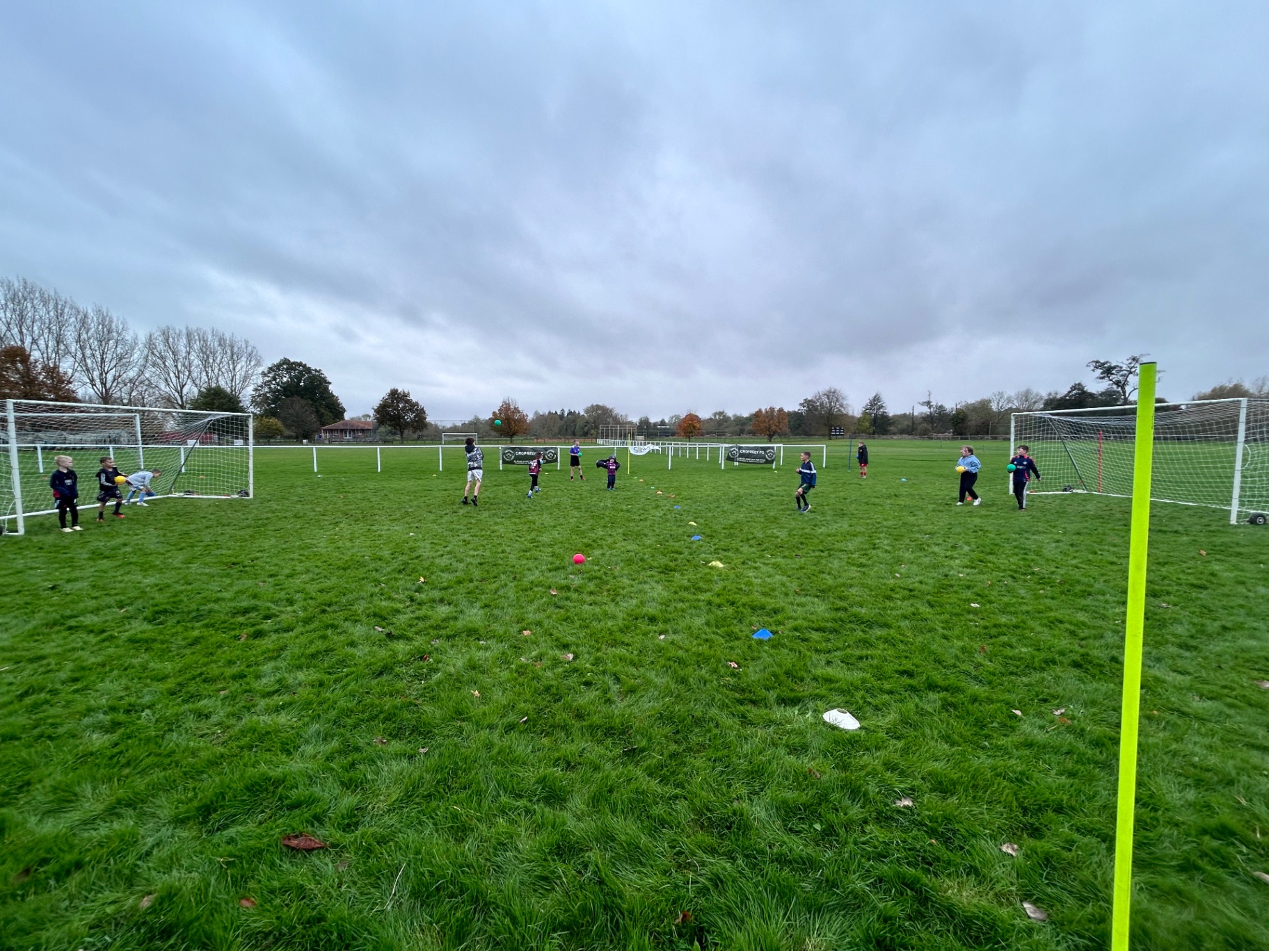 Children playing a football match on grass pitch