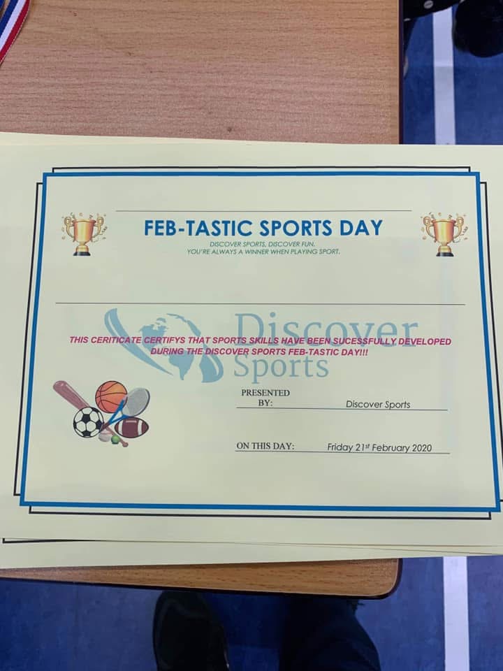 Feb-tastic Sports Day certificate from a Discover Sports party